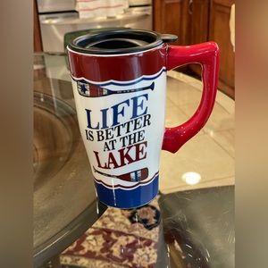 16 oz Ceramic Travel mug. Red, white and blue. “Life is Better at the Lake”